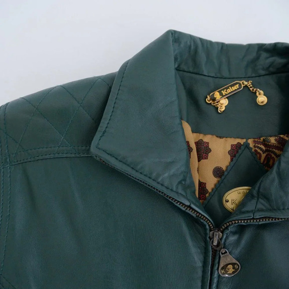 Kaiser  Hunter Green Leather Bomber Jacket with Belt Small - Picture 13 of 16